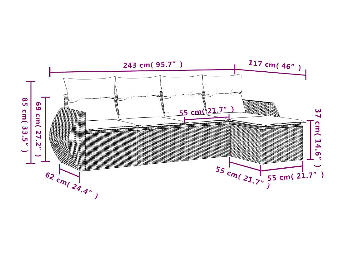 Salon de jardin 5 pcs avec coussins noir résine tressée