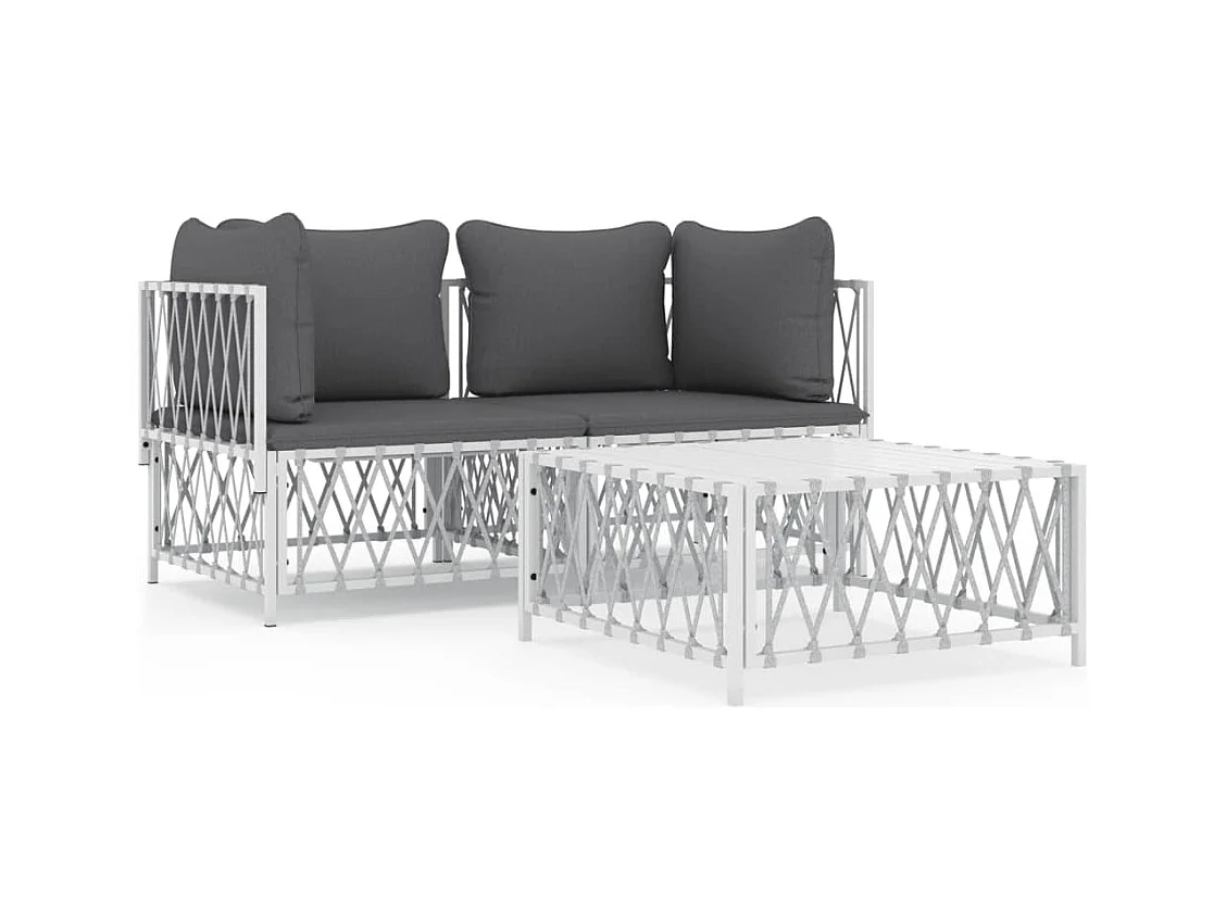 Salon de jardin avec coussins 3 pcs blanc acier