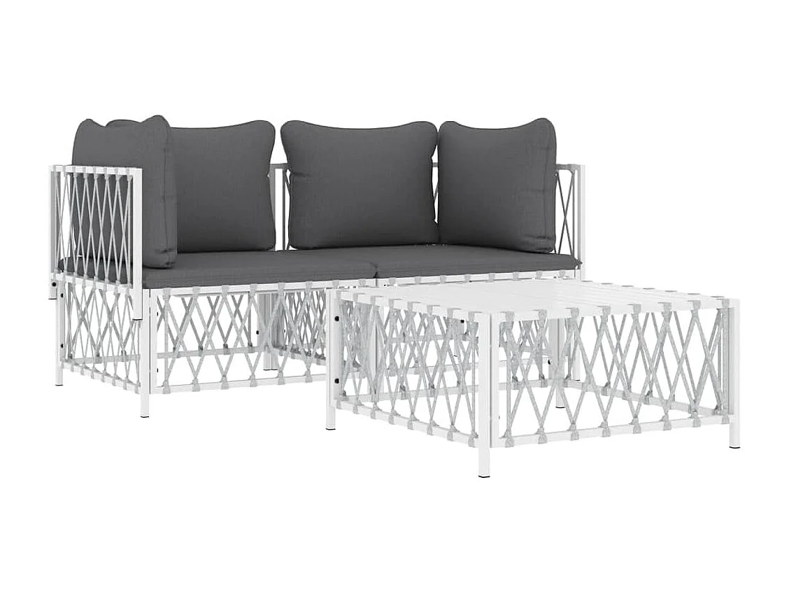 Salon de jardin avec coussins 3 pcs blanc acier