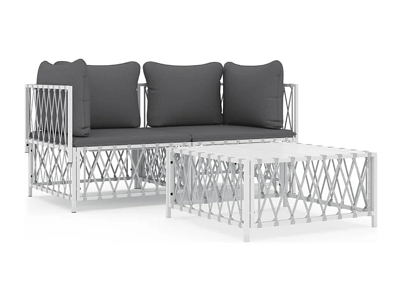 Salon de jardin avec coussins 3 pcs blanc acier