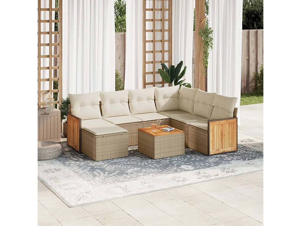 Salon de jardin avec coussins 8 pcs beige résine tressée