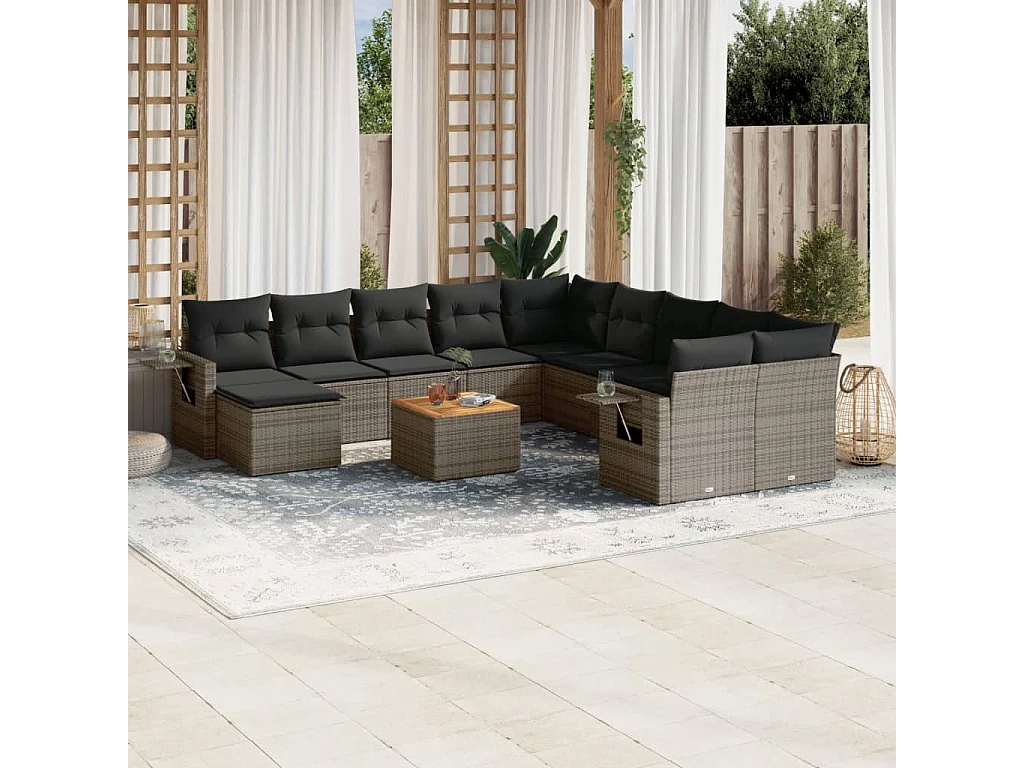Salon de jardin avec coussins 14 pcs gris résine tressée