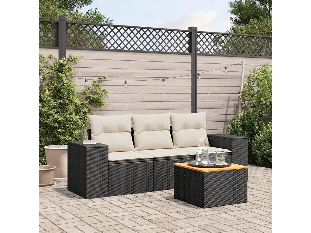 Salon de jardin 4 pcs avec coussins noir résine tressée