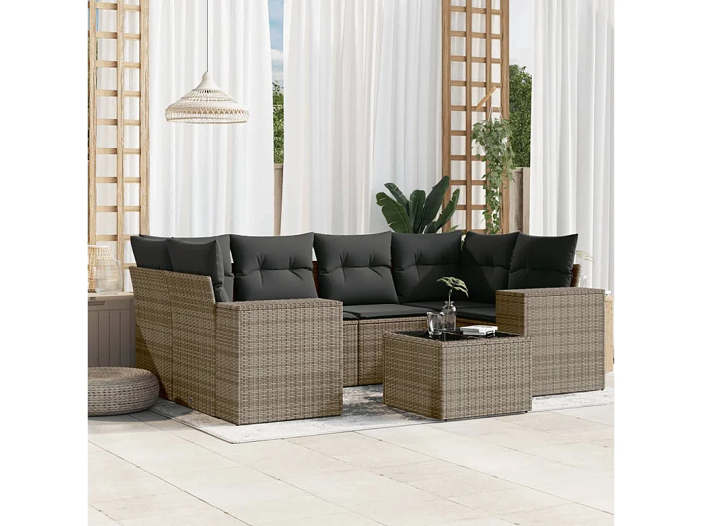 Salon de jardin avec coussins 7 pcs gris résine tressée
