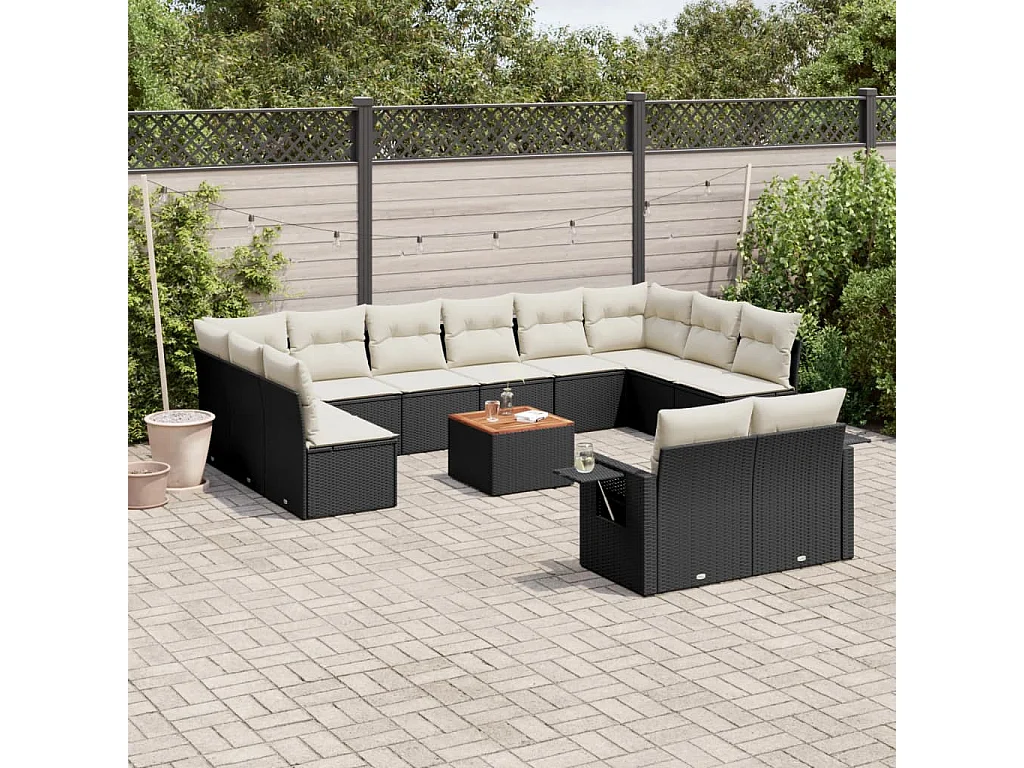 Salon de jardin avec coussins 13 pcs noir résine tressée