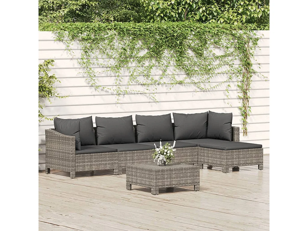 Salon de jardin 6 pcs avec coussins Gris Résine tressée