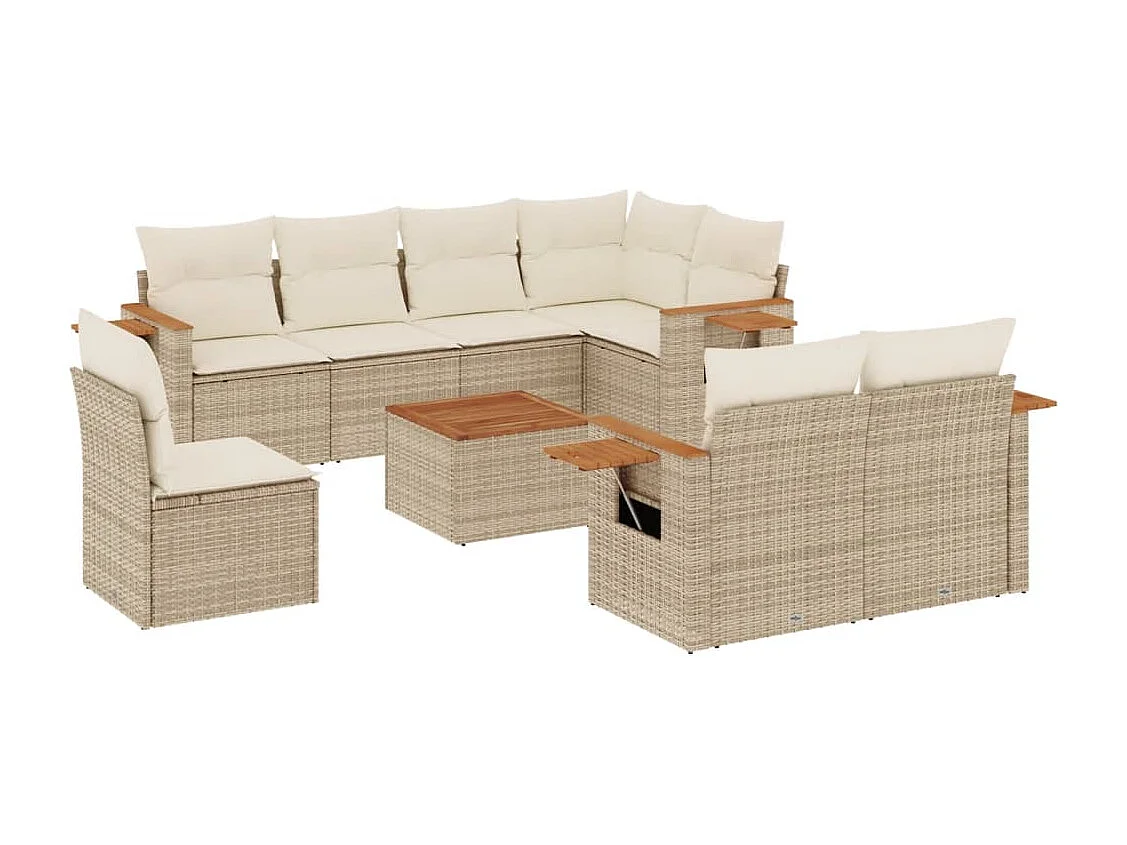 Salon de jardin avec coussins 9 pcs beige résine tressée