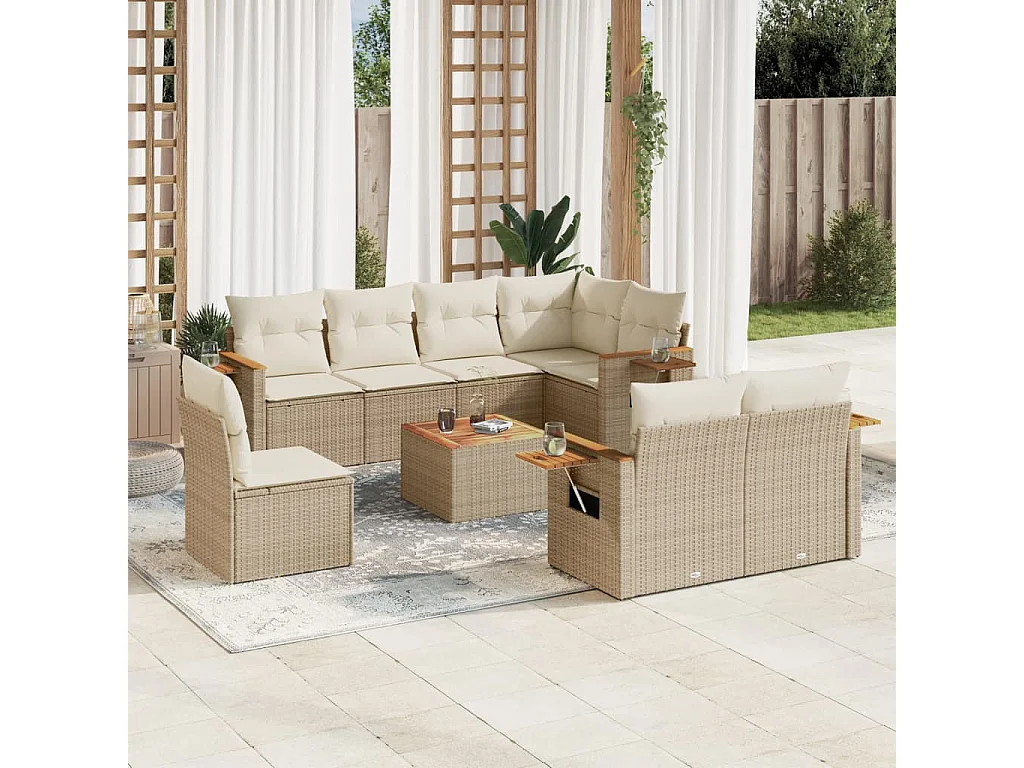 Salon de jardin avec coussins 9 pcs beige résine tressée
