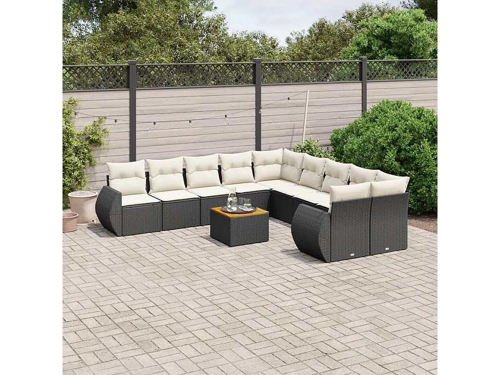 Salon de jardin 11 pcs avec coussins noir résine tressée