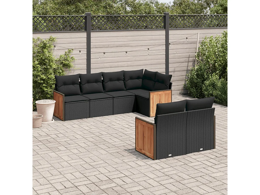 Salon de jardin 7 pcs avec coussins noir résine tressée