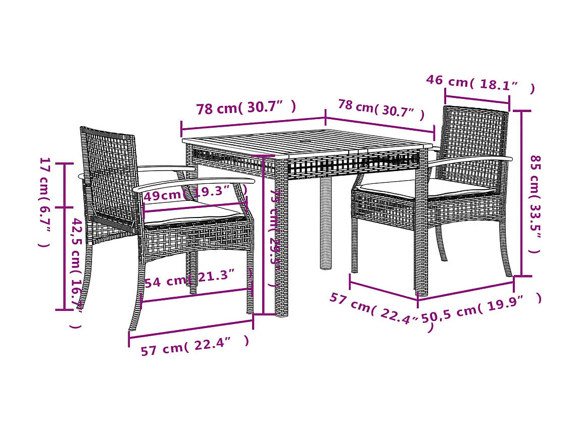 Ensemble à manger de jardin et coussins 3 pcs Beige poly rotin