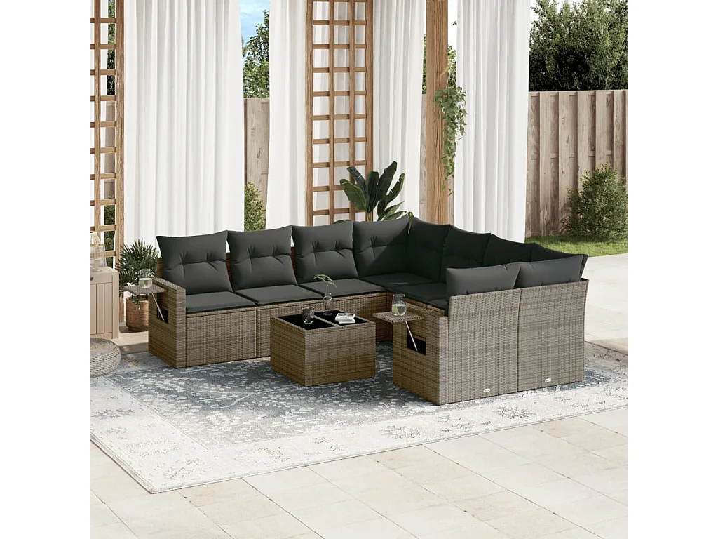 Salon de jardin 9 pcs avec coussins gris résine tressée
