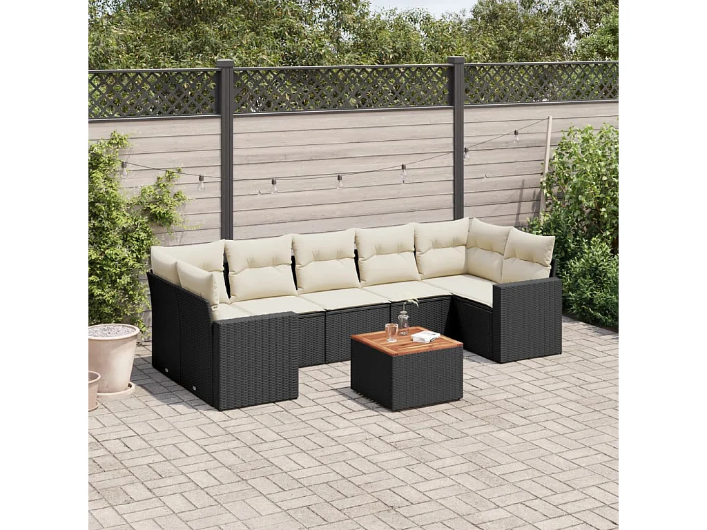 Salon de jardin 8 pcs avec coussins noir résine tressée