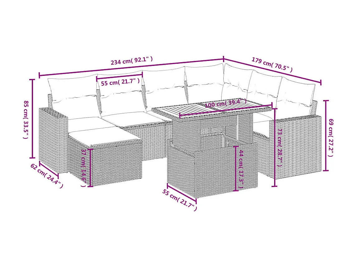 Salon de jardin 8 pcs avec coussins noir résine tressée