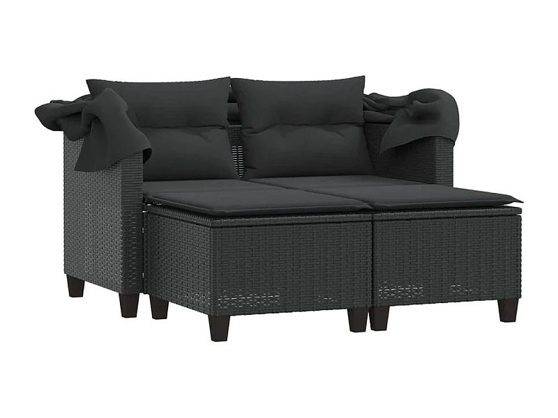 Canapé de jardin 2 places avec auvent et tabourets noir rotin