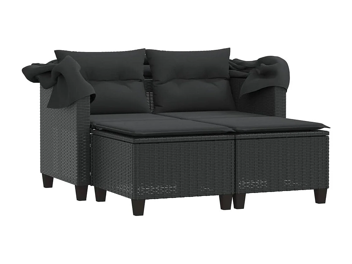 Canapé de jardin 2 places avec auvent et tabourets noir rotin