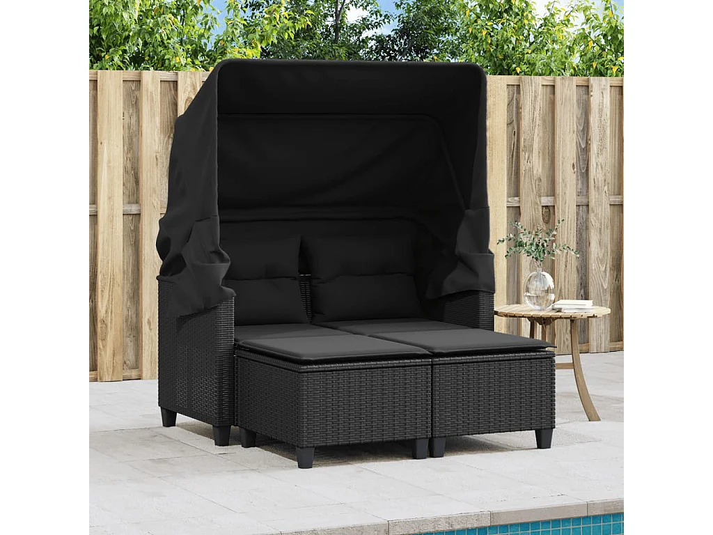 Canapé de jardin 2 places avec auvent et tabourets noir rotin