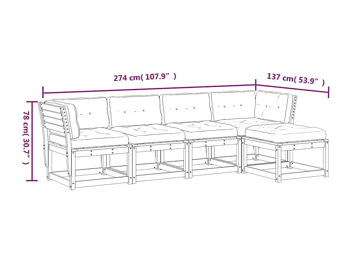 Salon de jardin 5 pcs avec coussins bois de pin massif