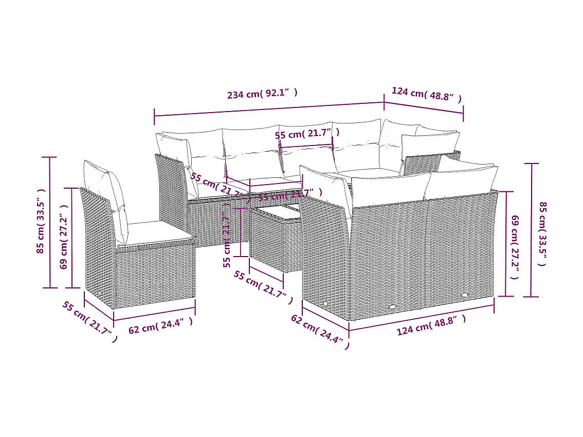 Salon de jardin 9 pcs avec coussins noir résine tressée