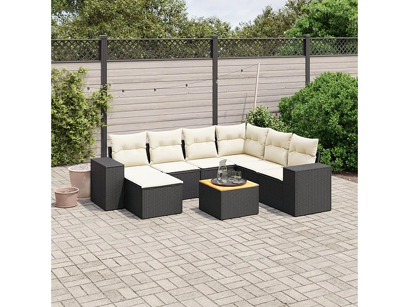 Salon de jardin 8 pcs avec coussins noir résine tressée
