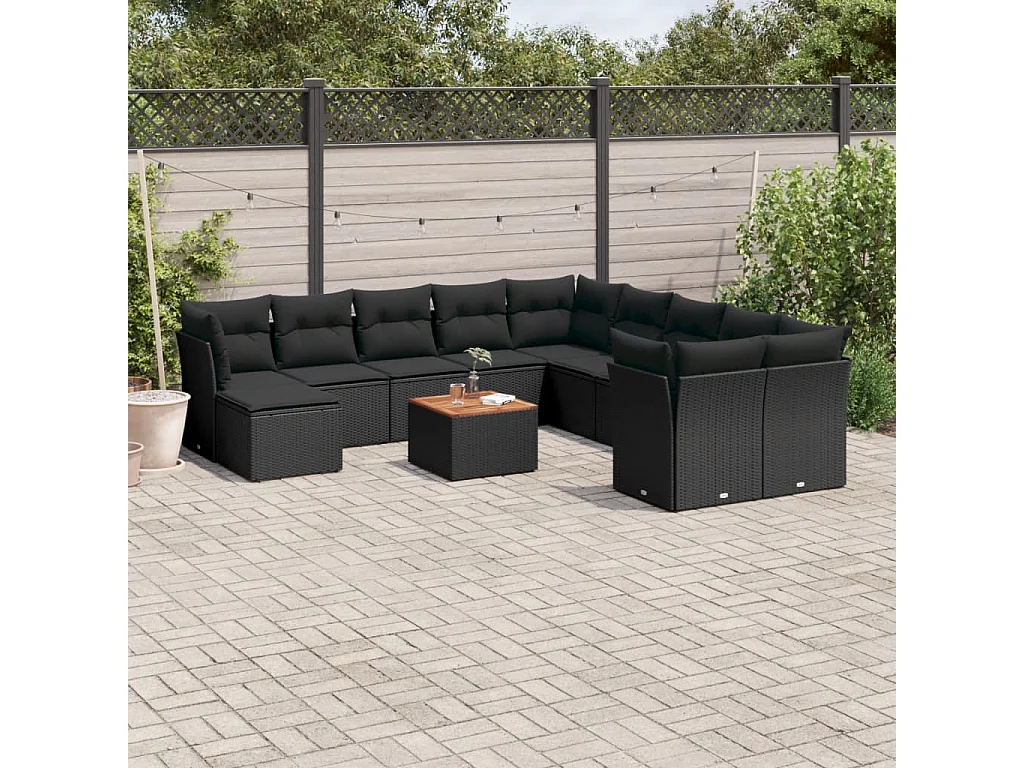 Salon de jardin 12 pcs avec coussins noir résine tressée