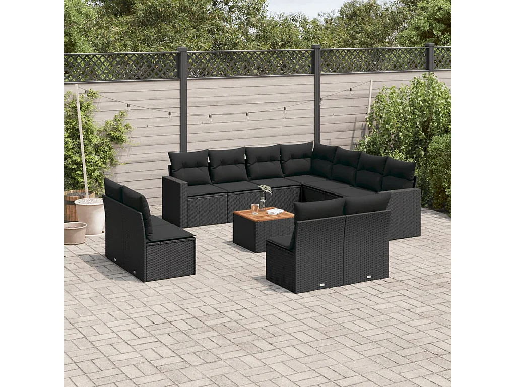 Salon de jardin 12 pcs avec coussins noir résine tressée