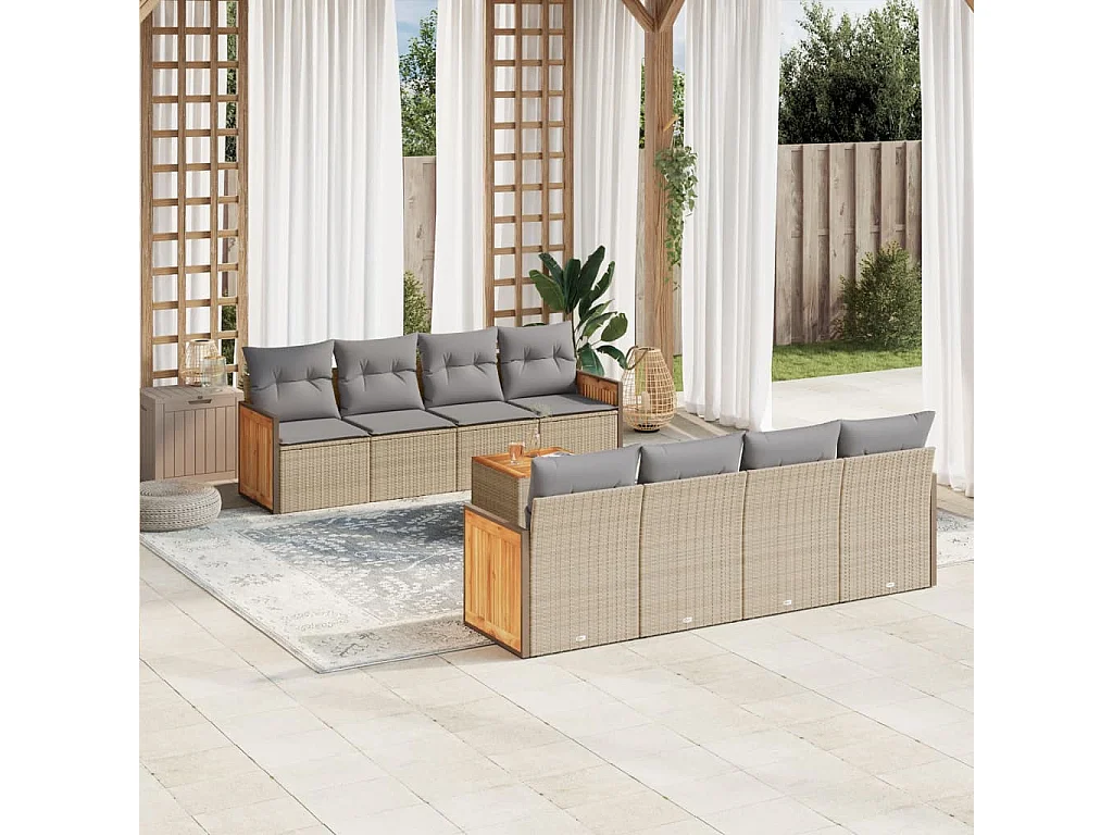 Salon de jardin avec coussins 9 pcs beige résine tressée