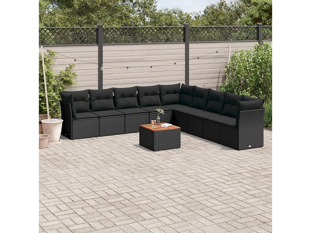 Salon de jardin 10 pcs avec coussins noir résine tressée