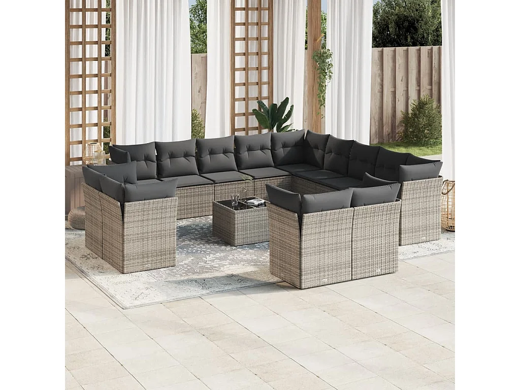 Salon de jardin avec coussins 14 pcs gris résine tressée