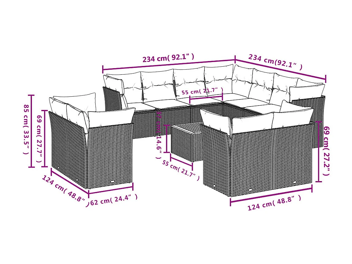Salon de jardin 12 pcs avec coussins noir résine tressée
