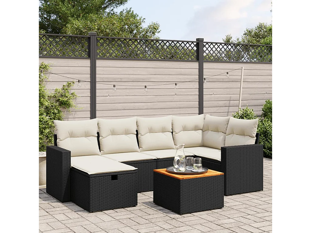 Salon de jardin 7 pcs avec coussins noir résine tressée