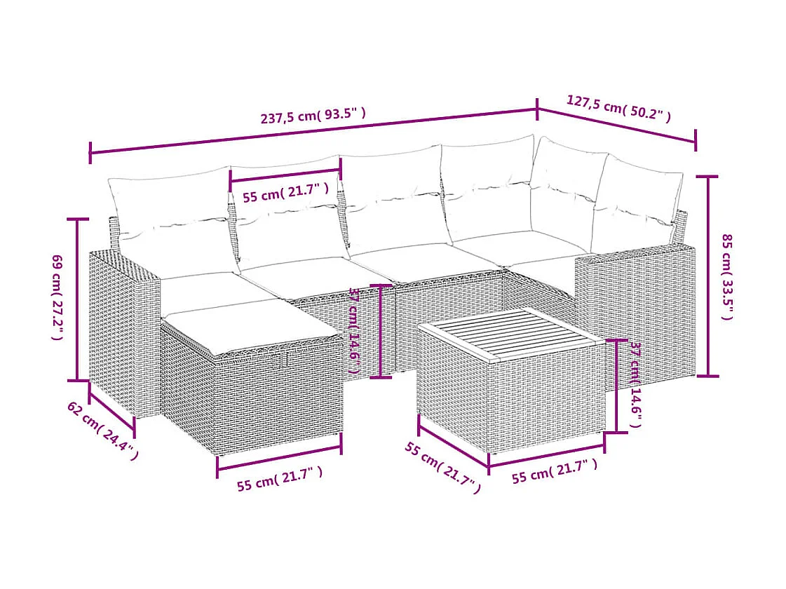 Salon de jardin 7 pcs avec coussins noir résine tressée