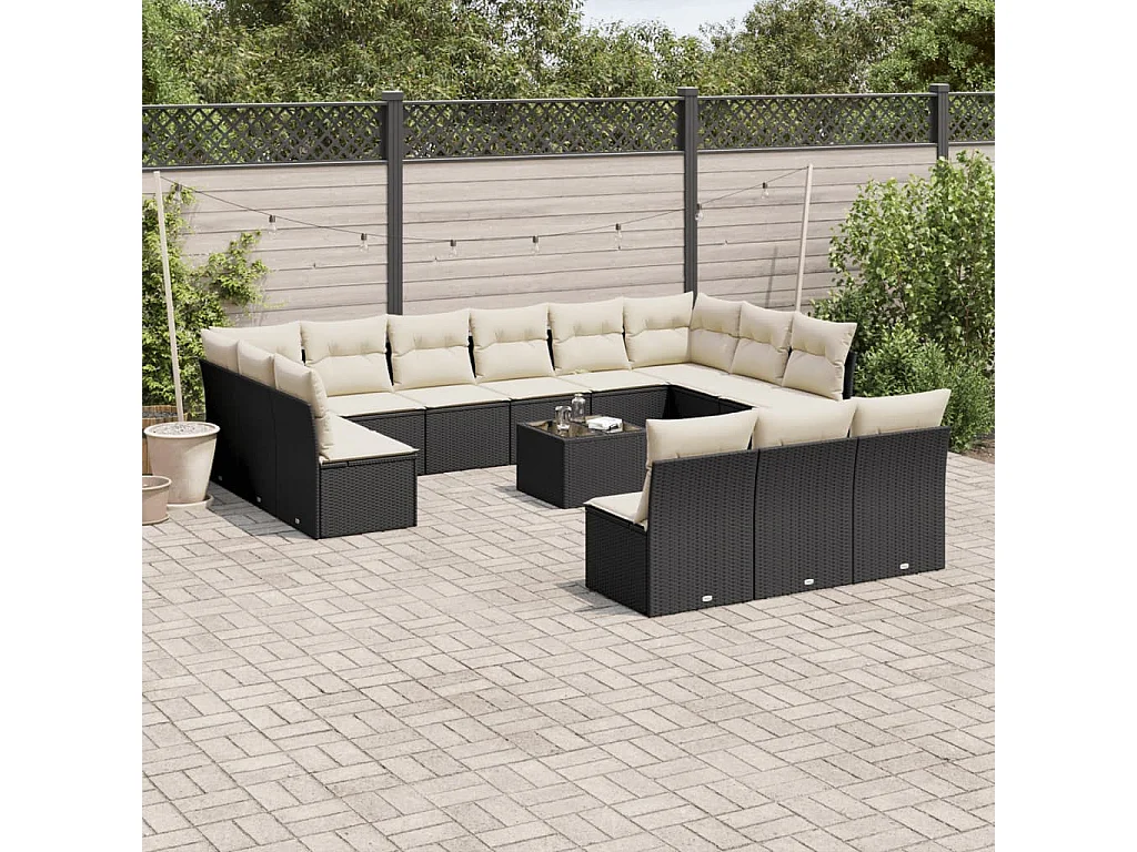 Salon de jardin avec coussins 14 pcs noir résine tressée