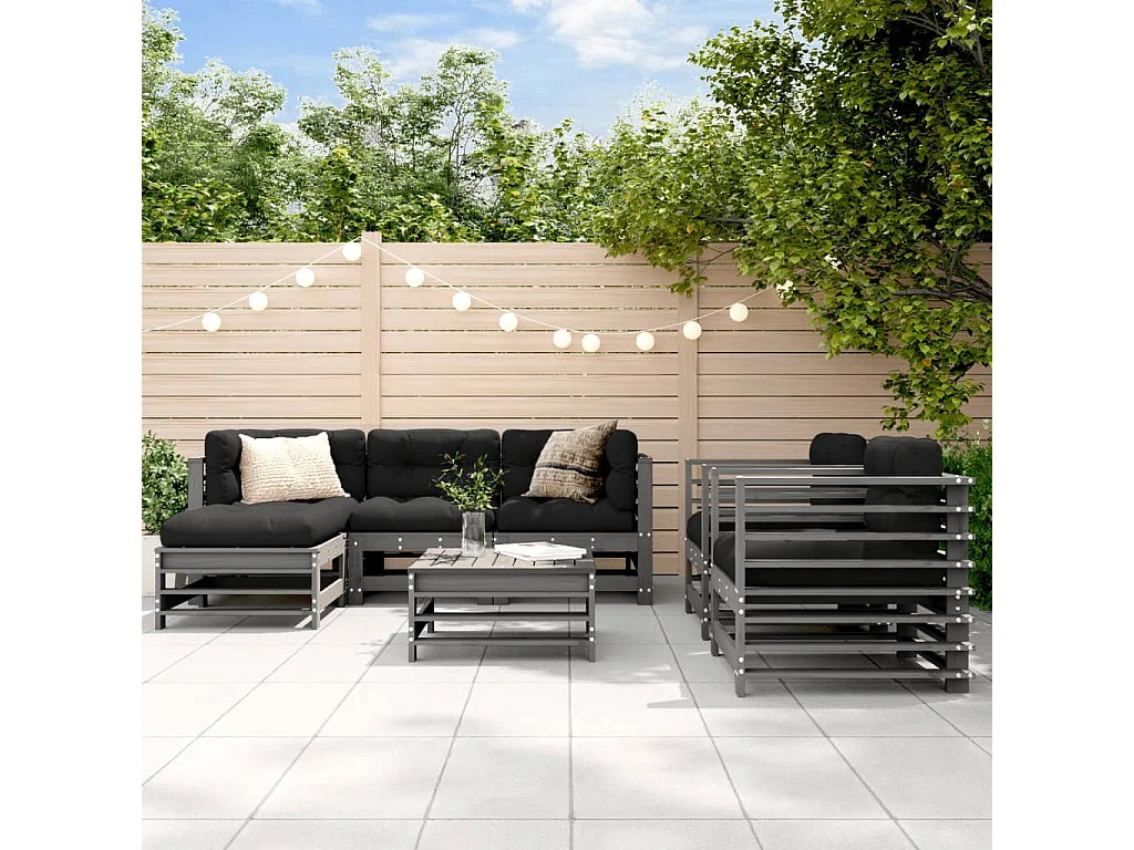 Salon de jardin 7 pcs avec coussins gris bois massif