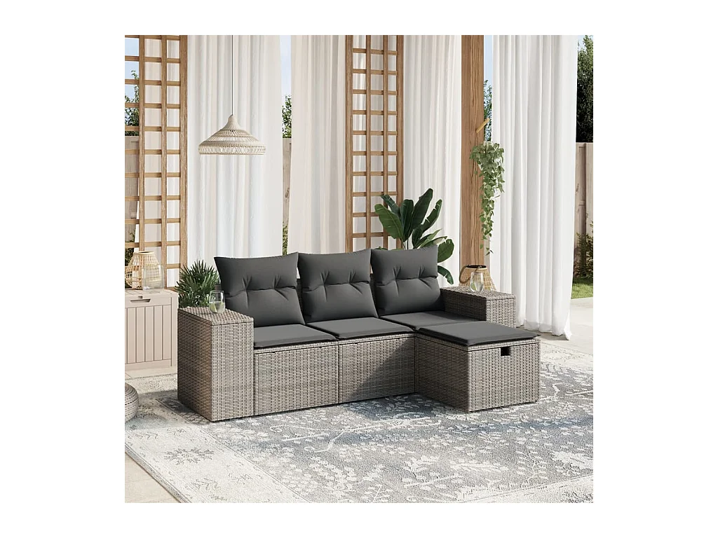 Salon de jardin 4 pcs avec coussins gris résine tressée