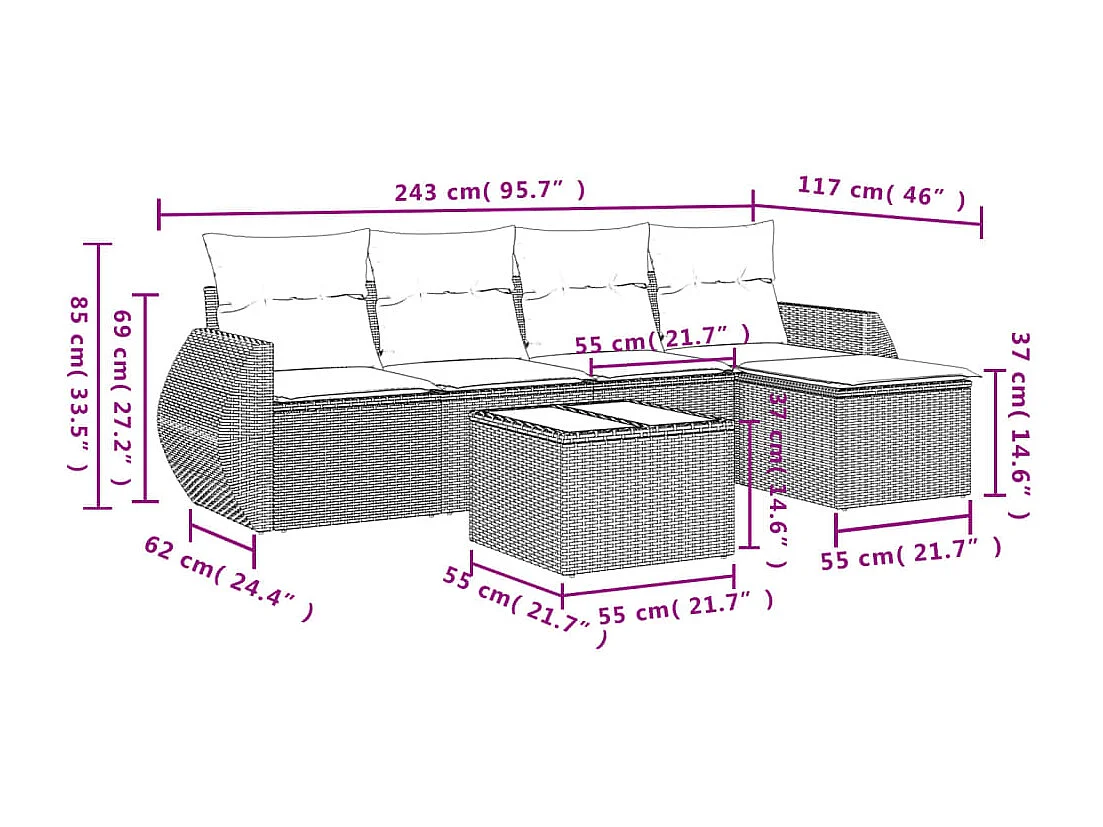 Salon de jardin 6 pcs avec coussins noir résine tressée