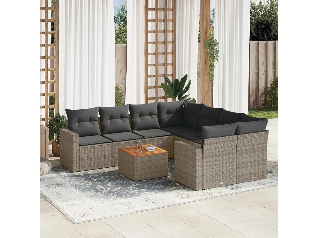 Salon de jardin 9 pcs avec coussins gris résine tressée