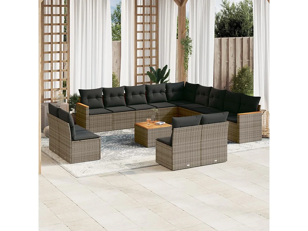 Salon de jardin avec coussins 14 pcs gris résine tressée