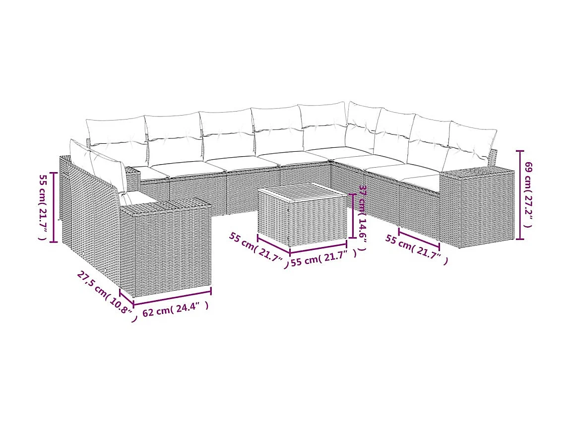 Salon de jardin 11 pcs avec coussins beige résine tressée