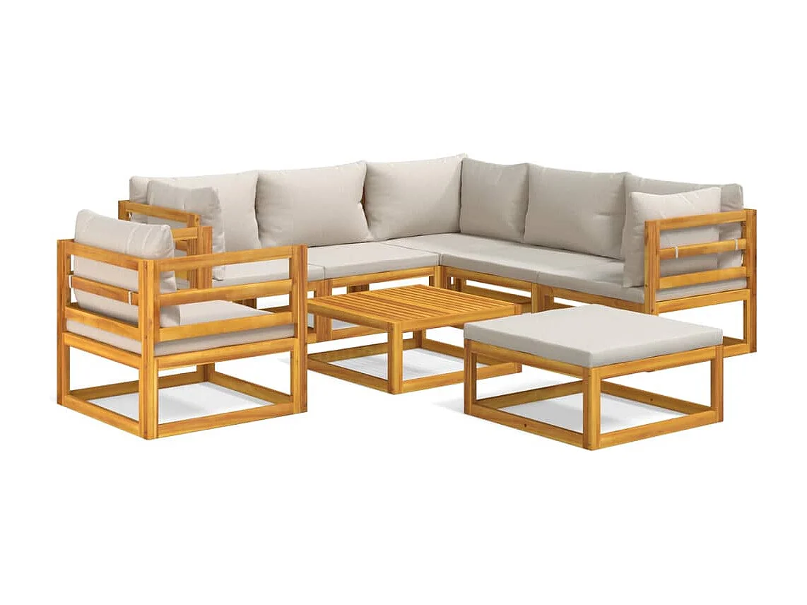 Salon de jardin 8 pcs avec coussins gris clair bois massif