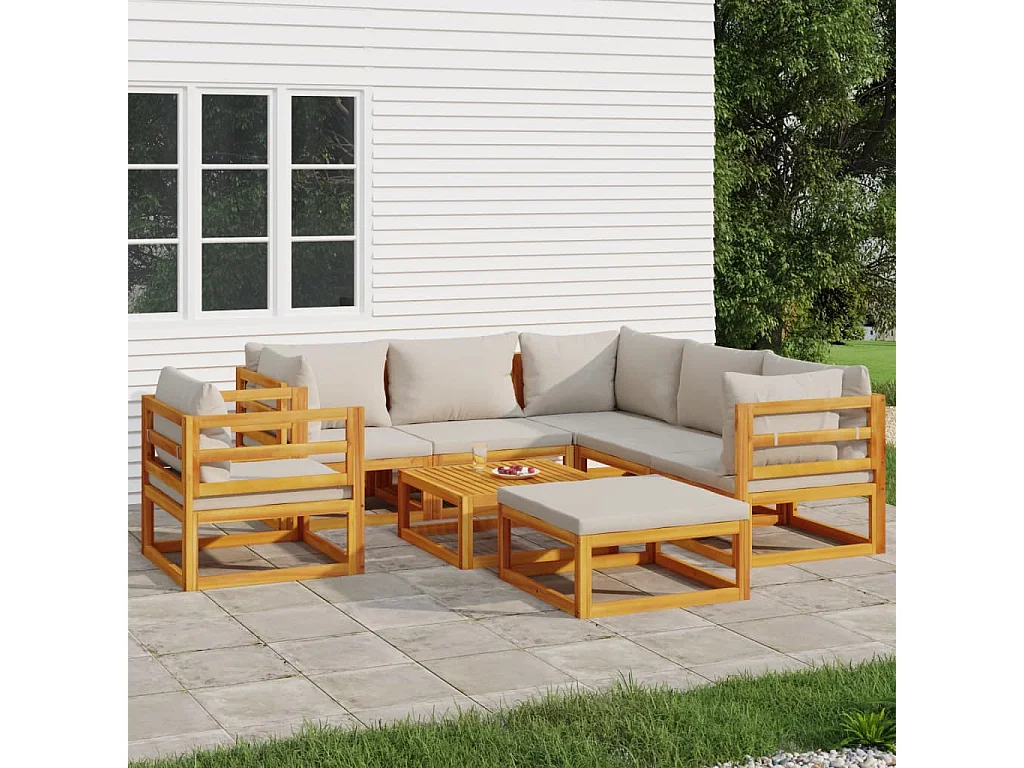 Salon de jardin 8 pcs avec coussins gris clair bois massif