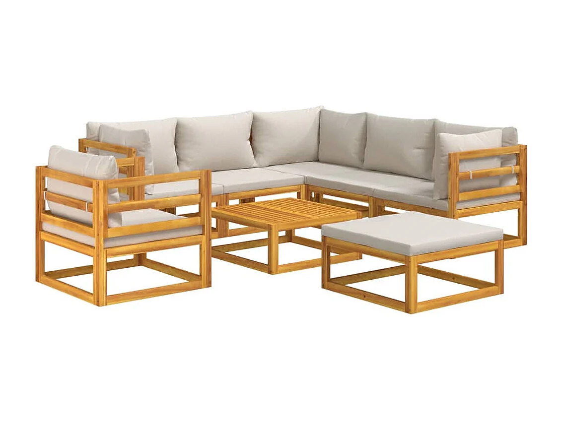 Salon de jardin 8 pcs avec coussins gris clair bois massif