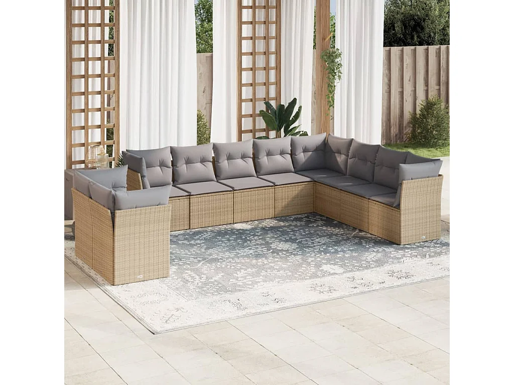 Salon de jardin avec coussins 10 pcs beige résine tressée