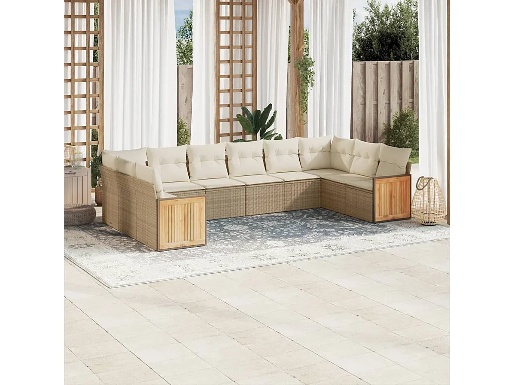 Salon de jardin avec coussins 10 pcs beige résine tressée