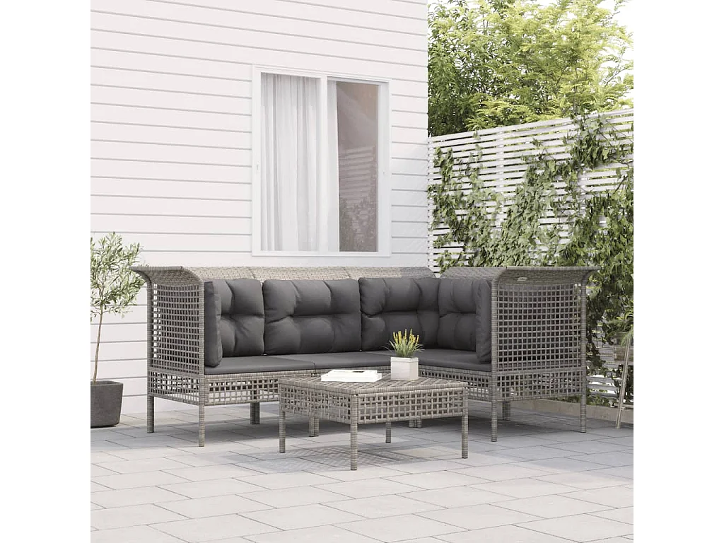 Salon de jardin 5 pcs avec coussins Gris Résine tressée
