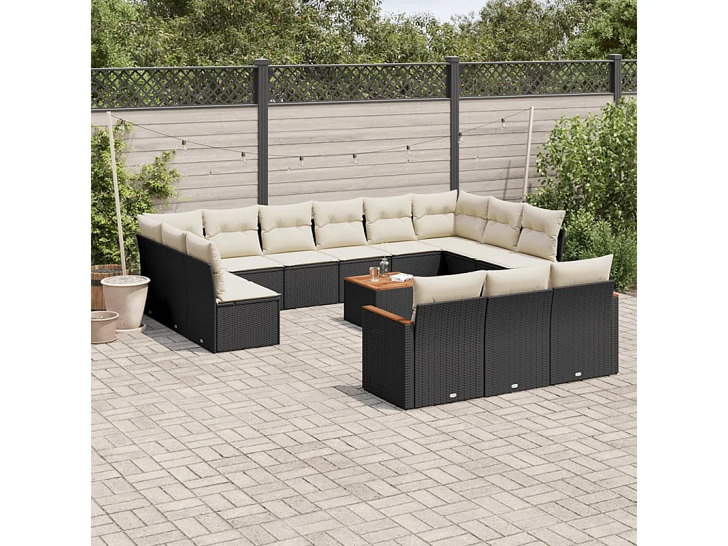 Salon de jardin avec coussins 14 pcs noir résine tressée