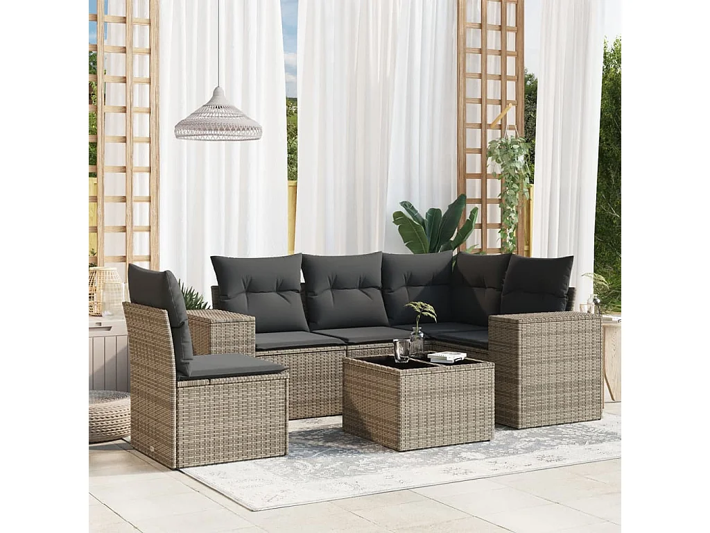 Salon de jardin 6 pcs avec coussins gris résine tressée