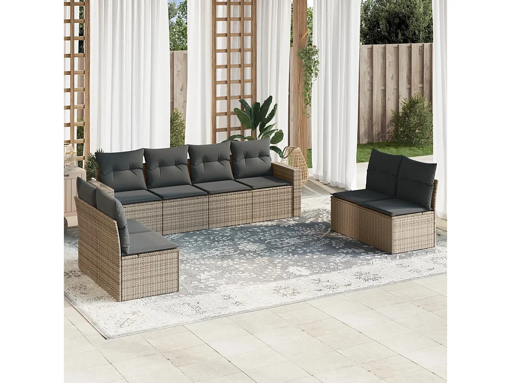 Salon de jardin 8 pcs avec coussins gris résine tressée