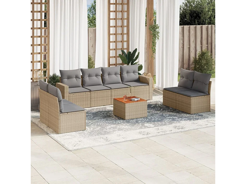Salon de jardin avec coussins 9 pcs beige résine tressée