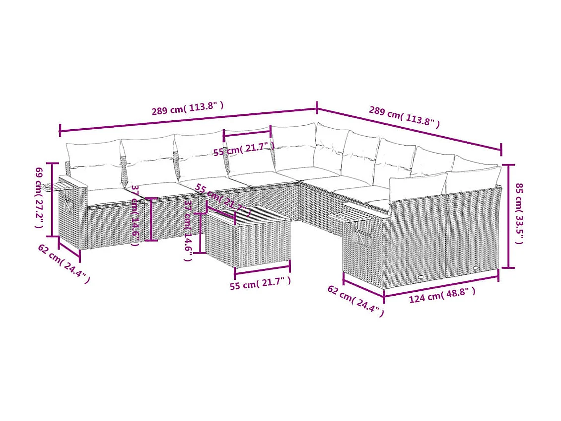 Salon de jardin 11 pcs avec coussins beige résine tressée